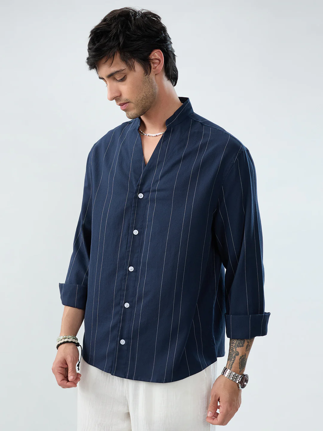 Refined Navy Pinstripe Stand-Collar Oversized Shirt - Image 5