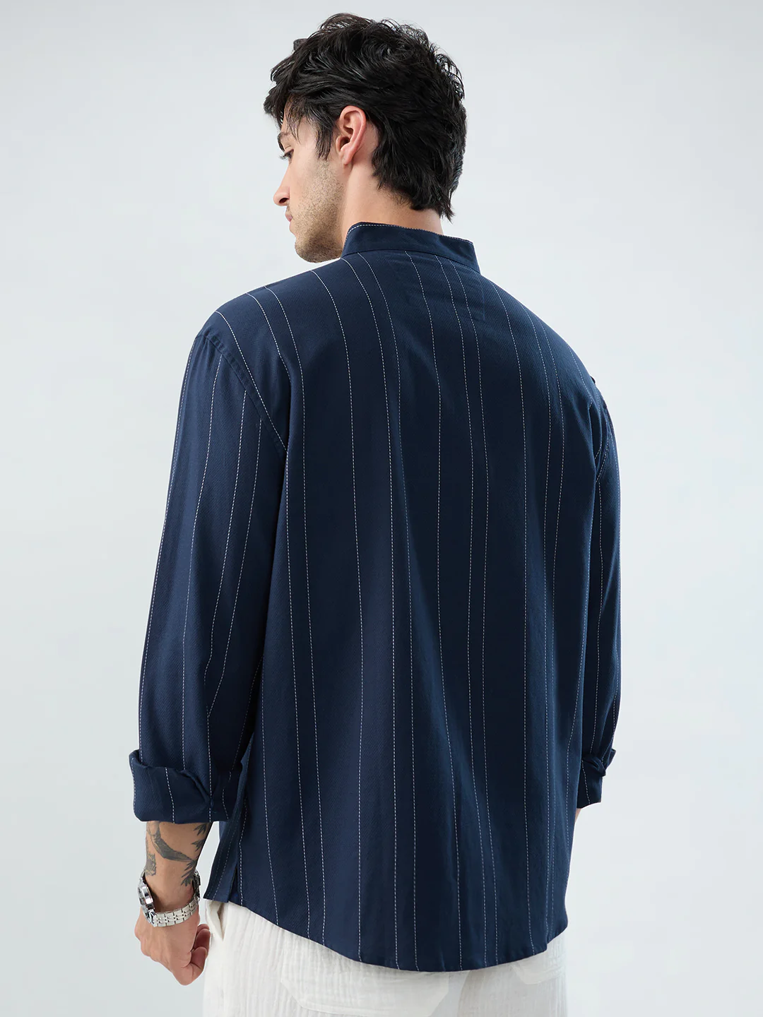 Refined Navy Pinstripe Stand-Collar Oversized Shirt - Image 6