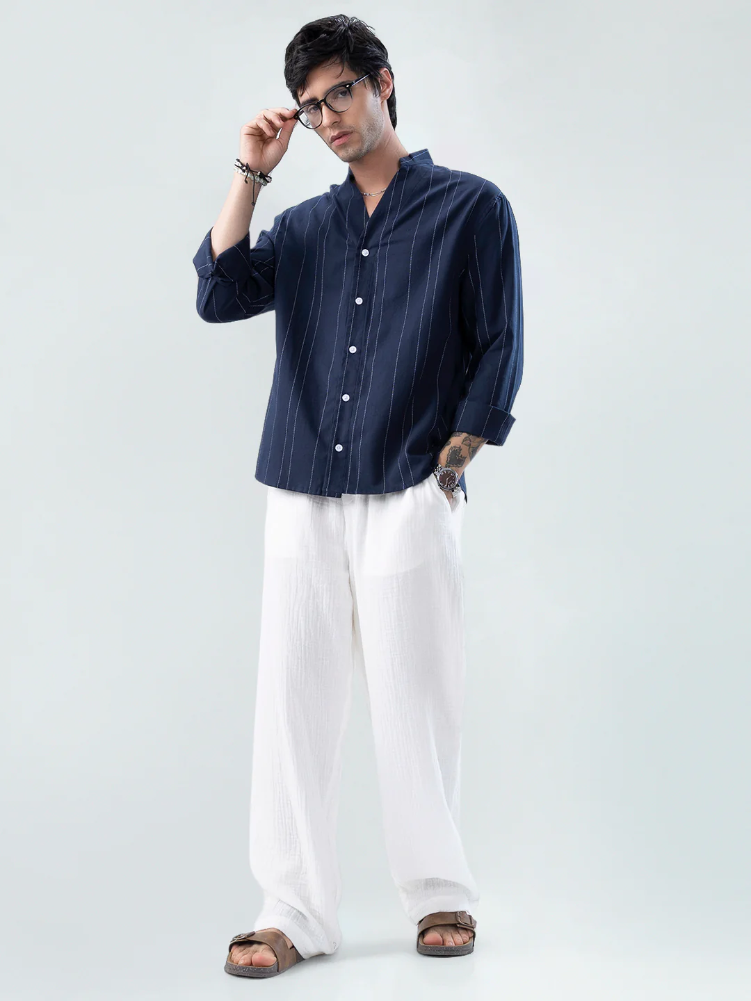 Refined Navy Pinstripe Stand-Collar Oversized Shirt - Image 7