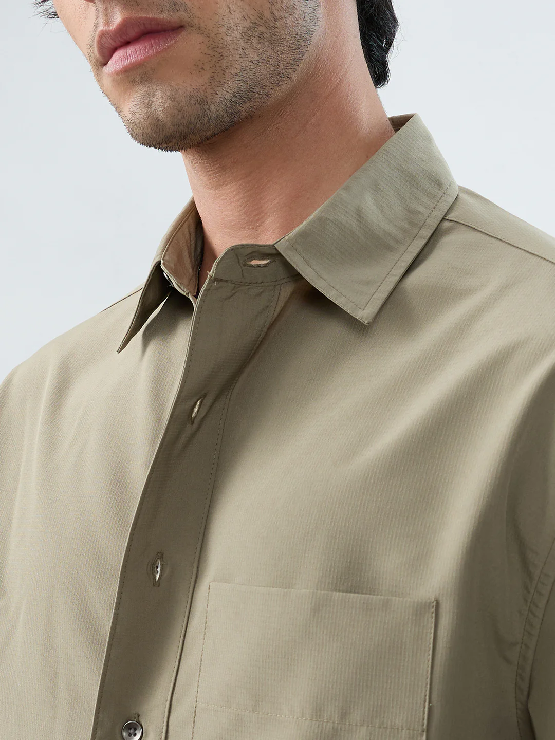Refined Olive Mist Soft-Weave Boxy Fit Crop Shirt - Image 3