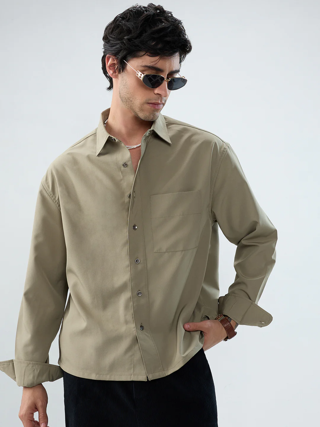 Refined Olive Mist Soft-Weave Boxy Fit Crop Shirt - Image 4