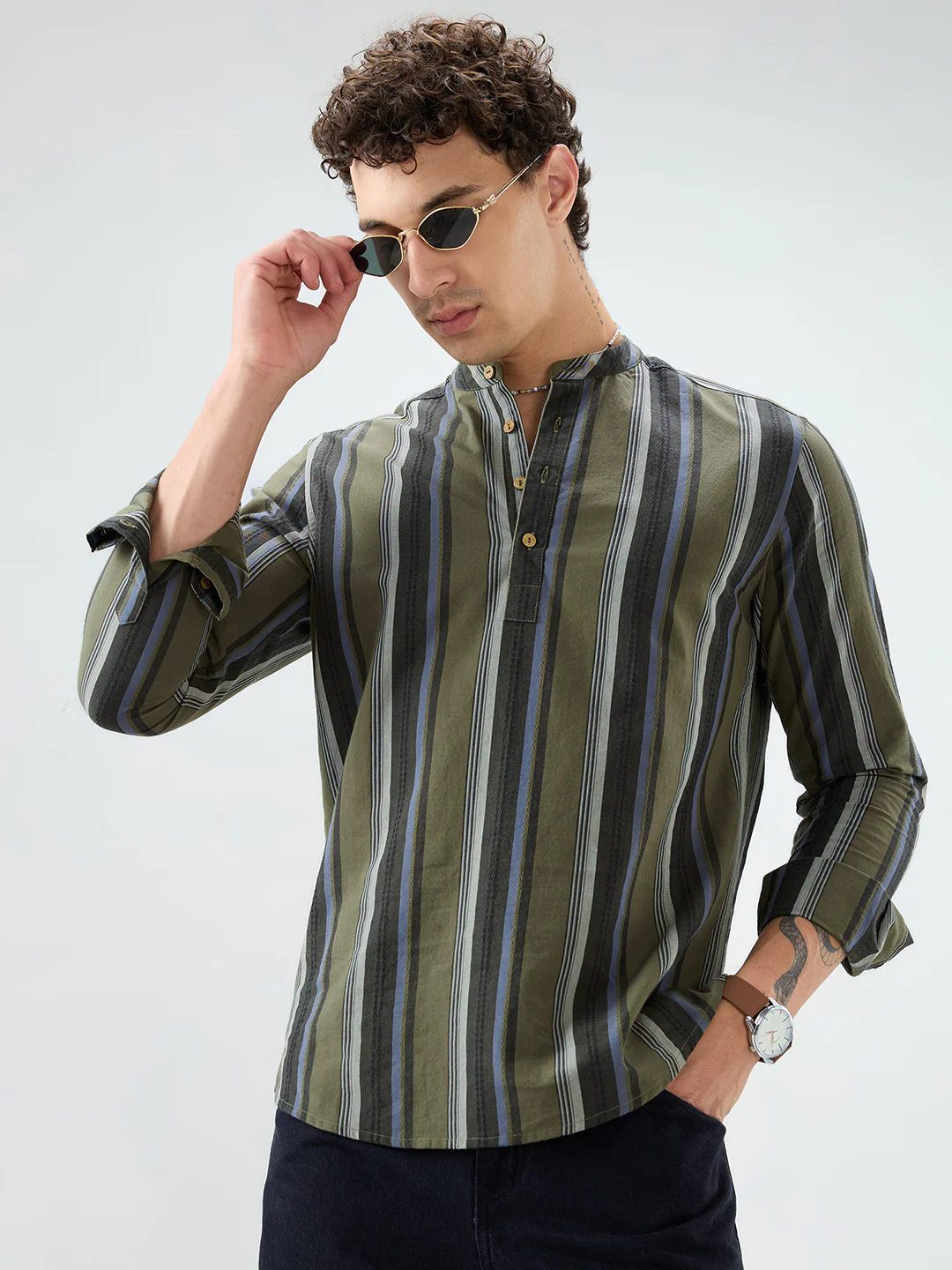 Refined Olive Multi Striped Kurta