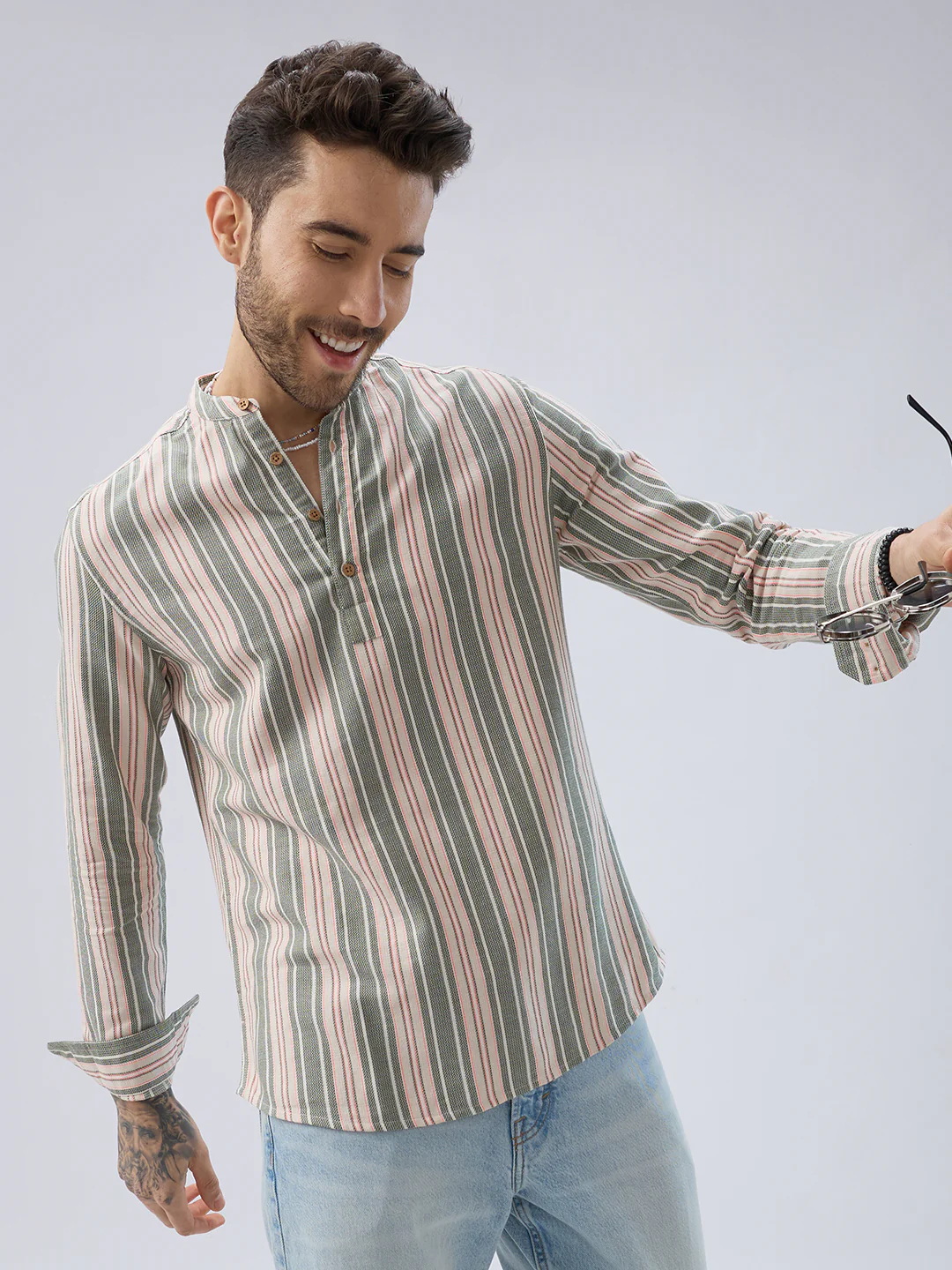 Refined Olive Retro Striped Kurta