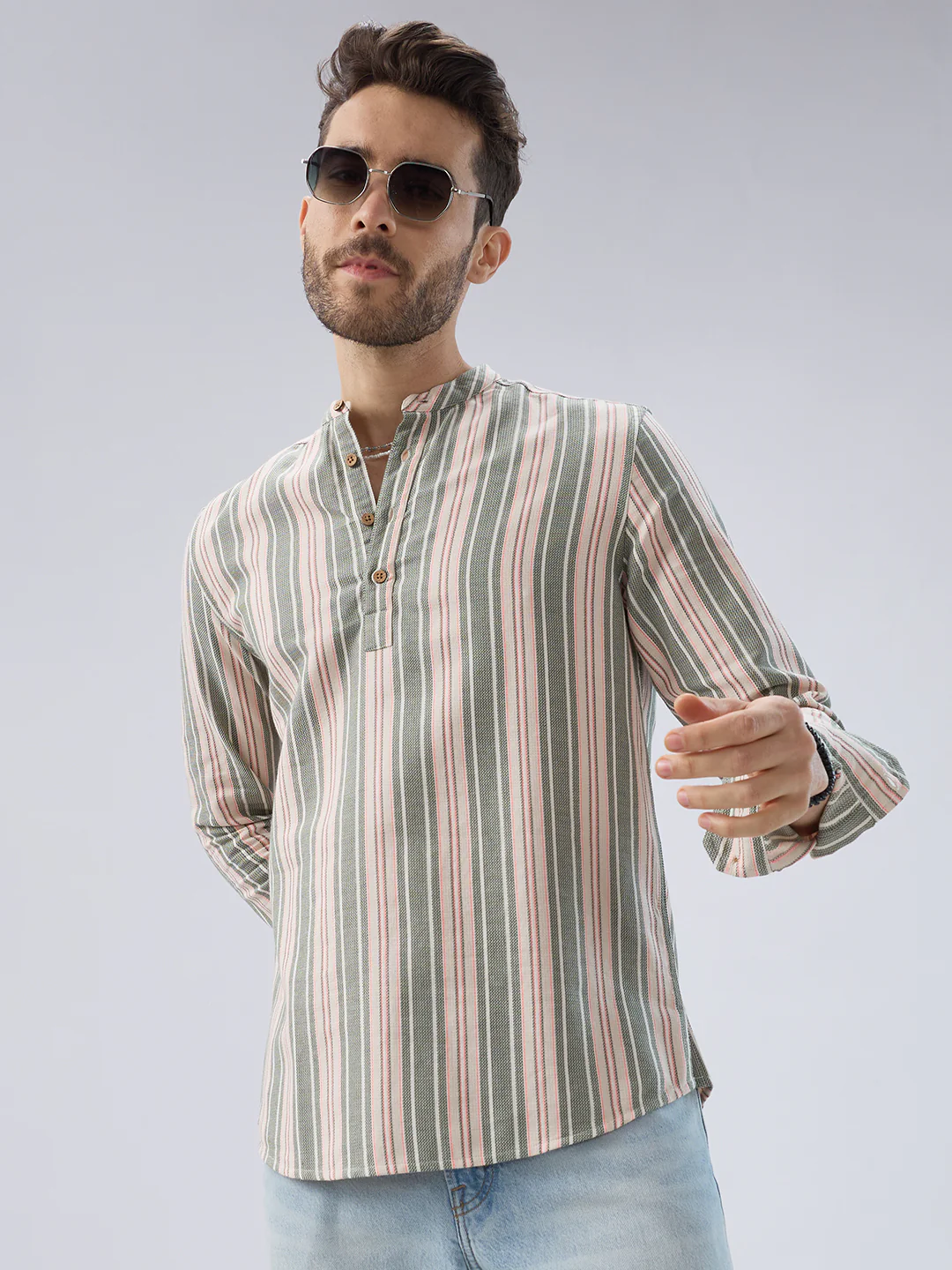 Refined Olive Retro Striped Kurta - Image 2