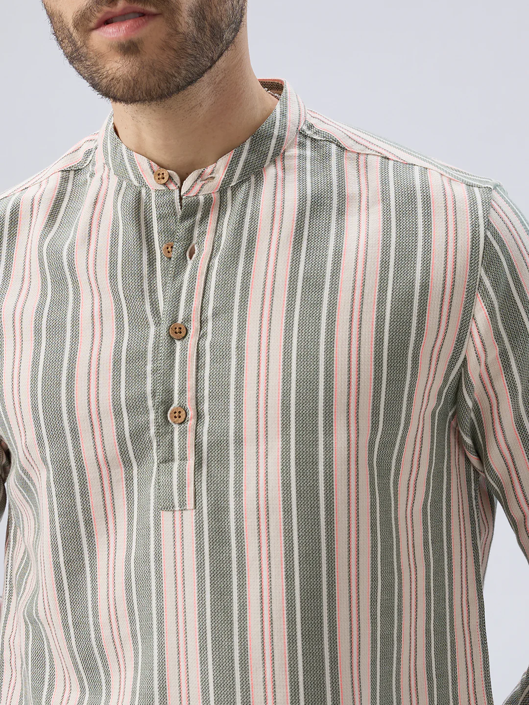 Refined Olive Retro Striped Kurta - Image 3