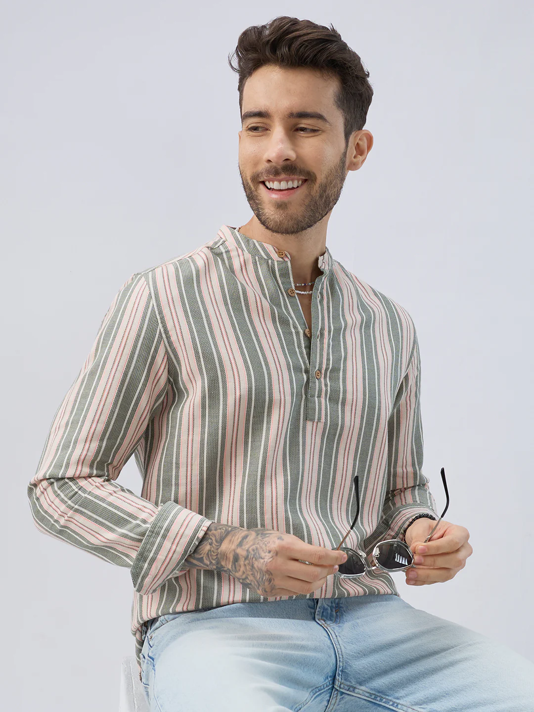Refined Olive Retro Striped Kurta - Image 4