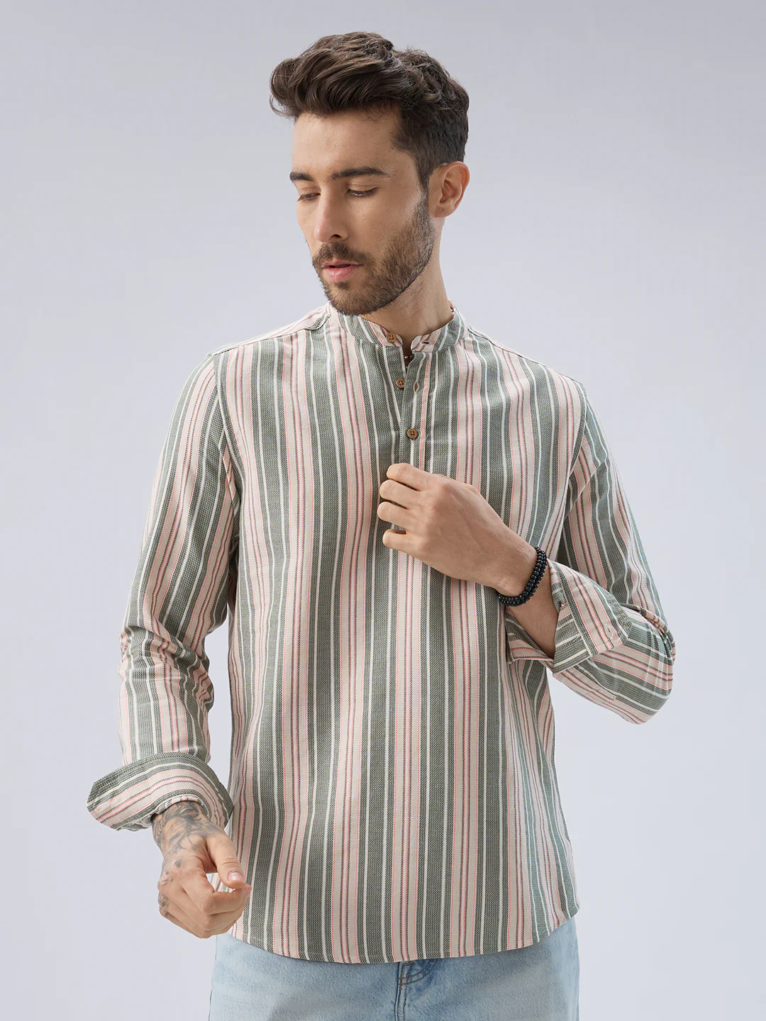 Refined Olive Retro Striped Kurta - Image 5