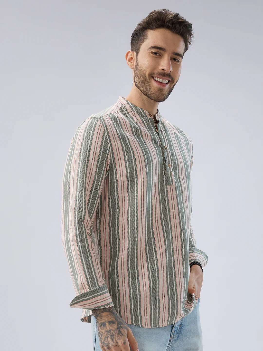 Refined Olive Retro Striped Kurta - Image 6