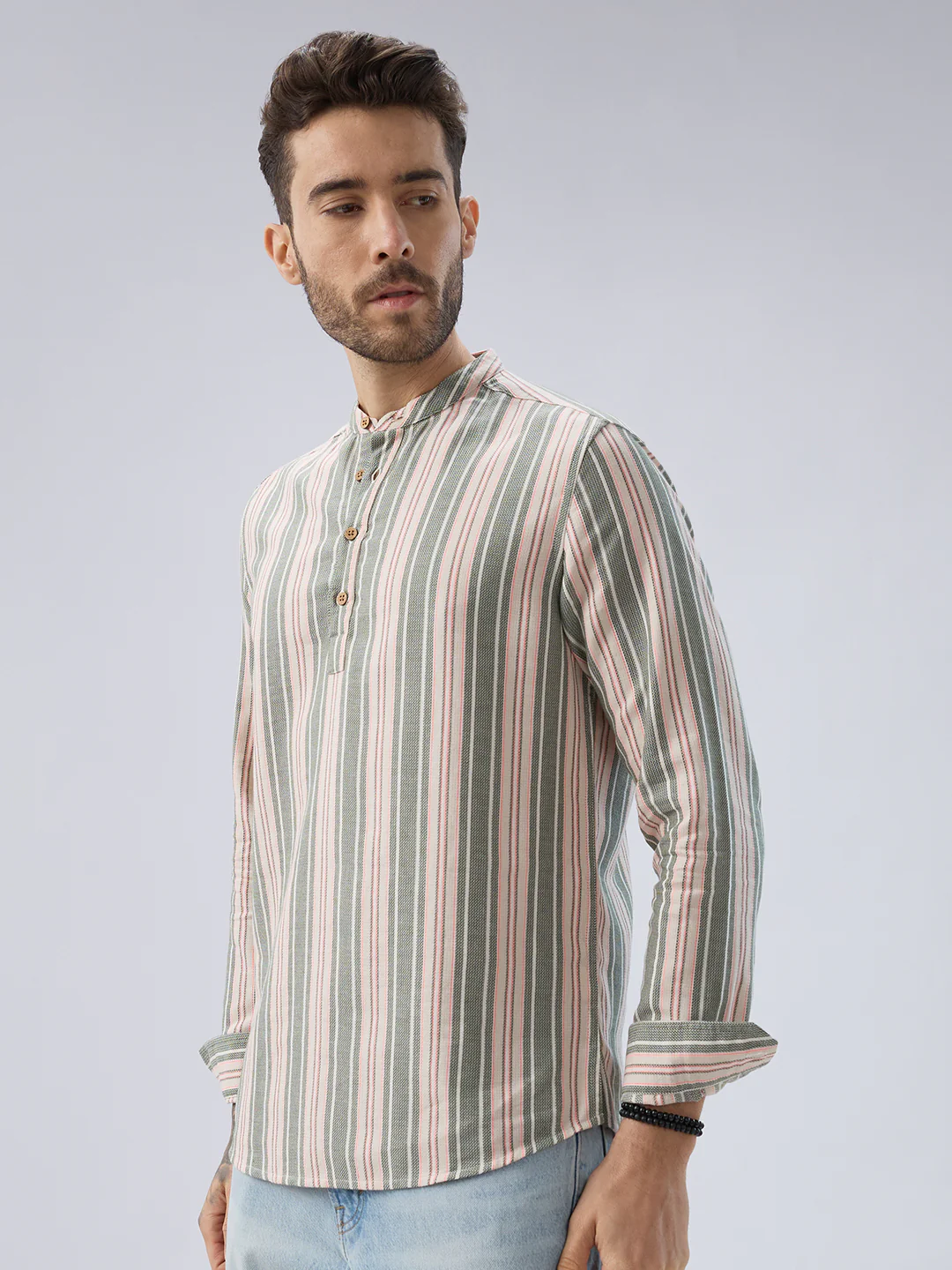 Refined Olive Retro Striped Kurta - Image 7