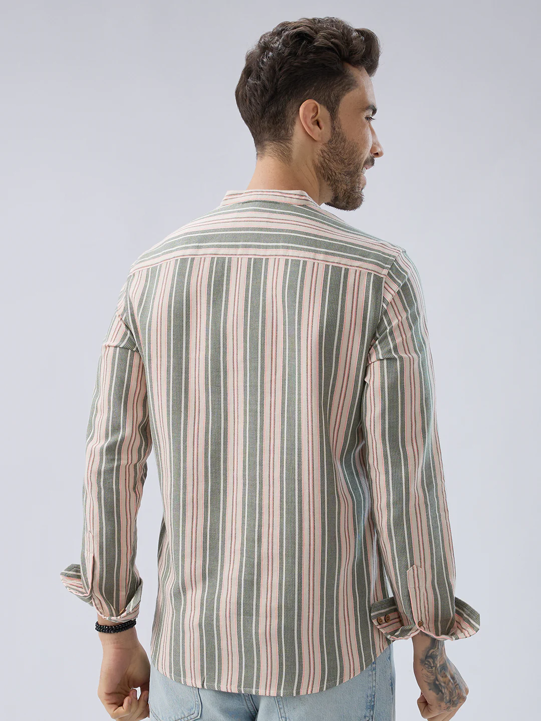 Refined Olive Retro Striped Kurta - Image 8