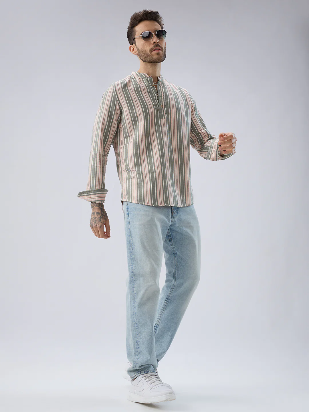 Refined Olive Retro Striped Kurta - Image 9