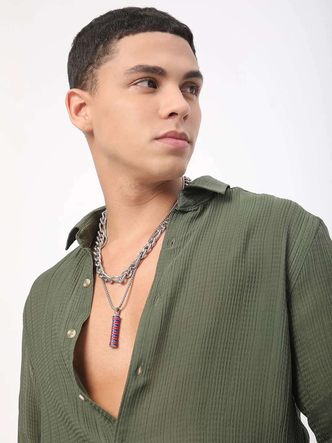 Refined Olive Streaky Textured Shirt - Image 2