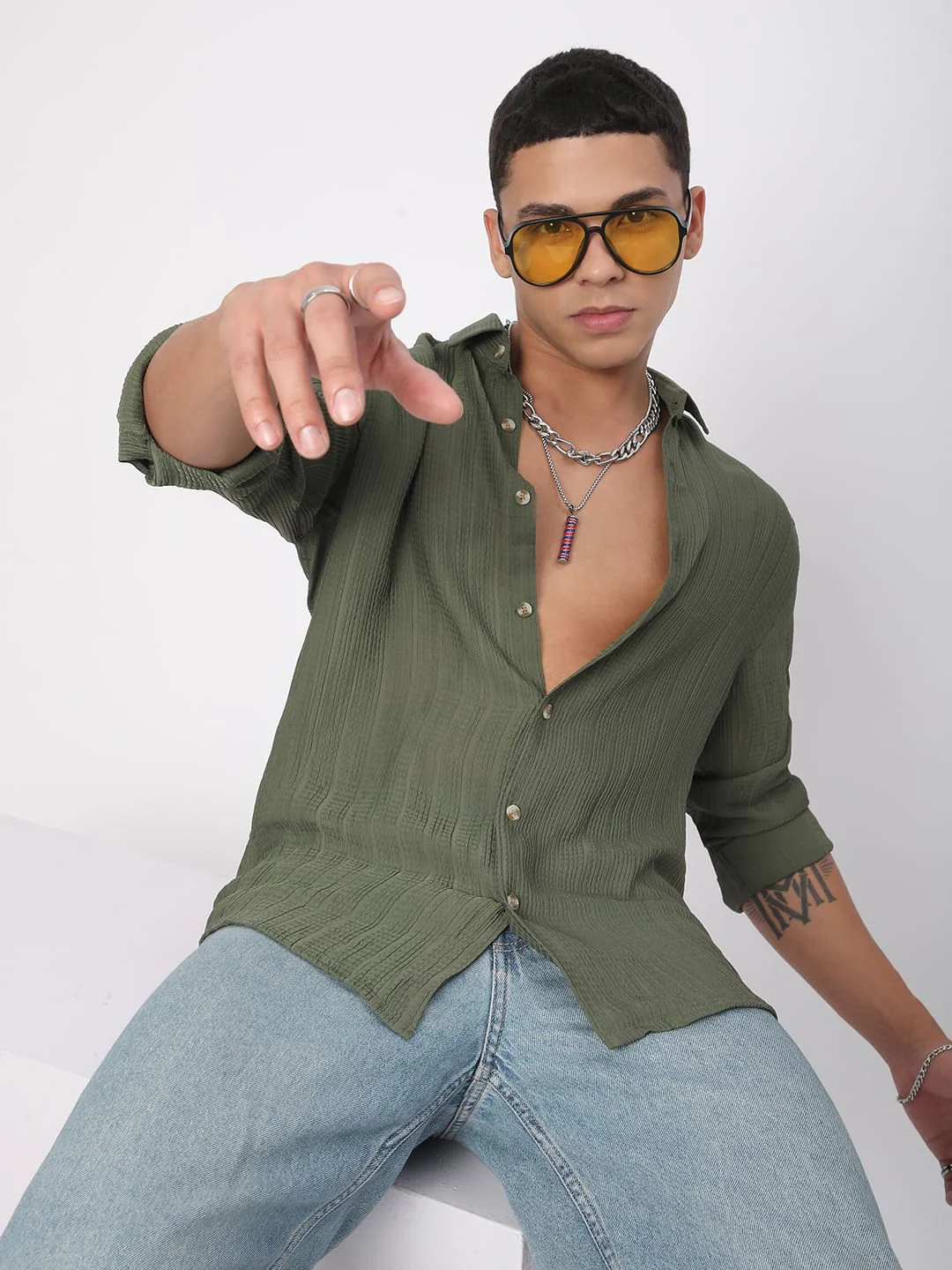 Refined Olive Streaky Textured Shirt - Image 4