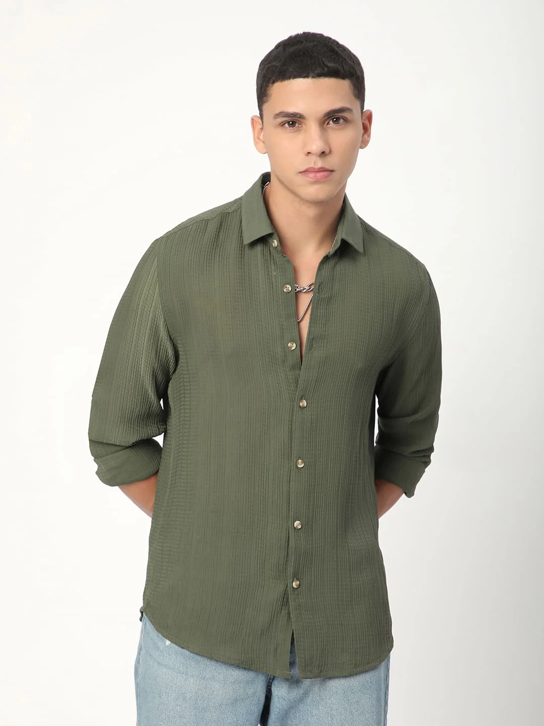 Refined Olive Streaky Textured Shirt - Image 5