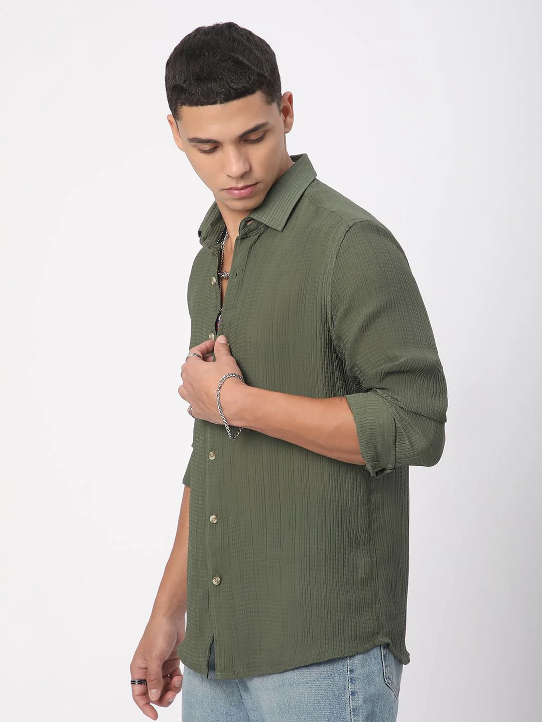 Refined Olive Streaky Textured Shirt - Image 6
