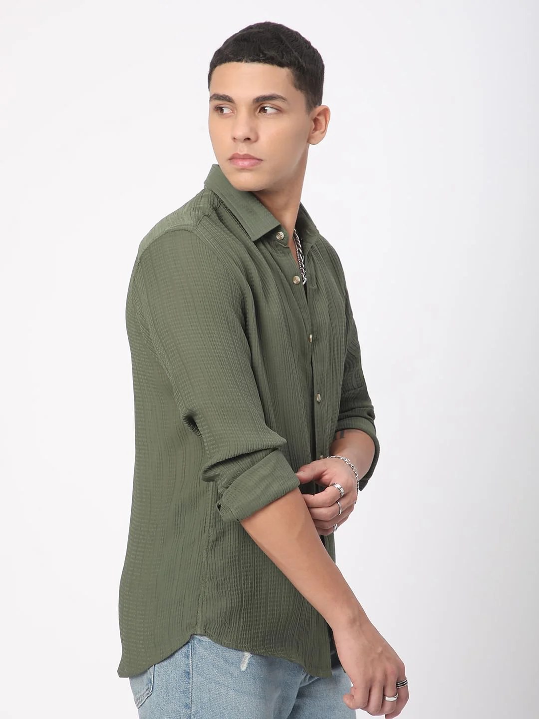 Refined Olive Streaky Textured Shirt - Image 7