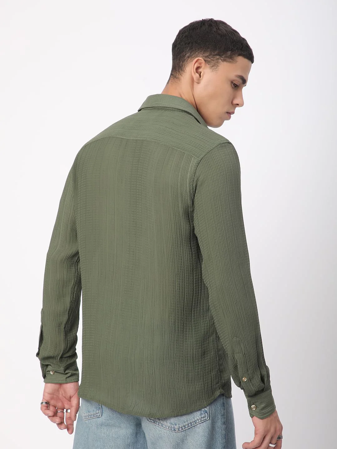 Refined Olive Streaky Textured Shirt - Image 8