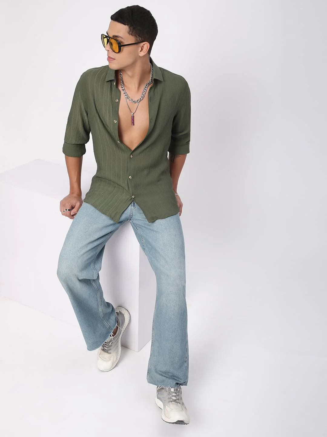 Refined Olive Streaky Textured Shirt - Image 9