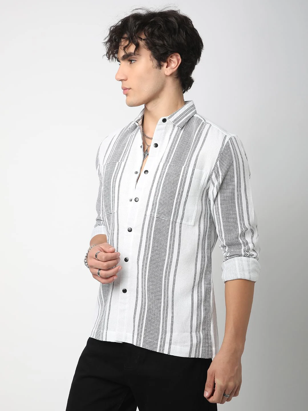 Refined White Double Pocket Waffle Striped Shirt - Image 5