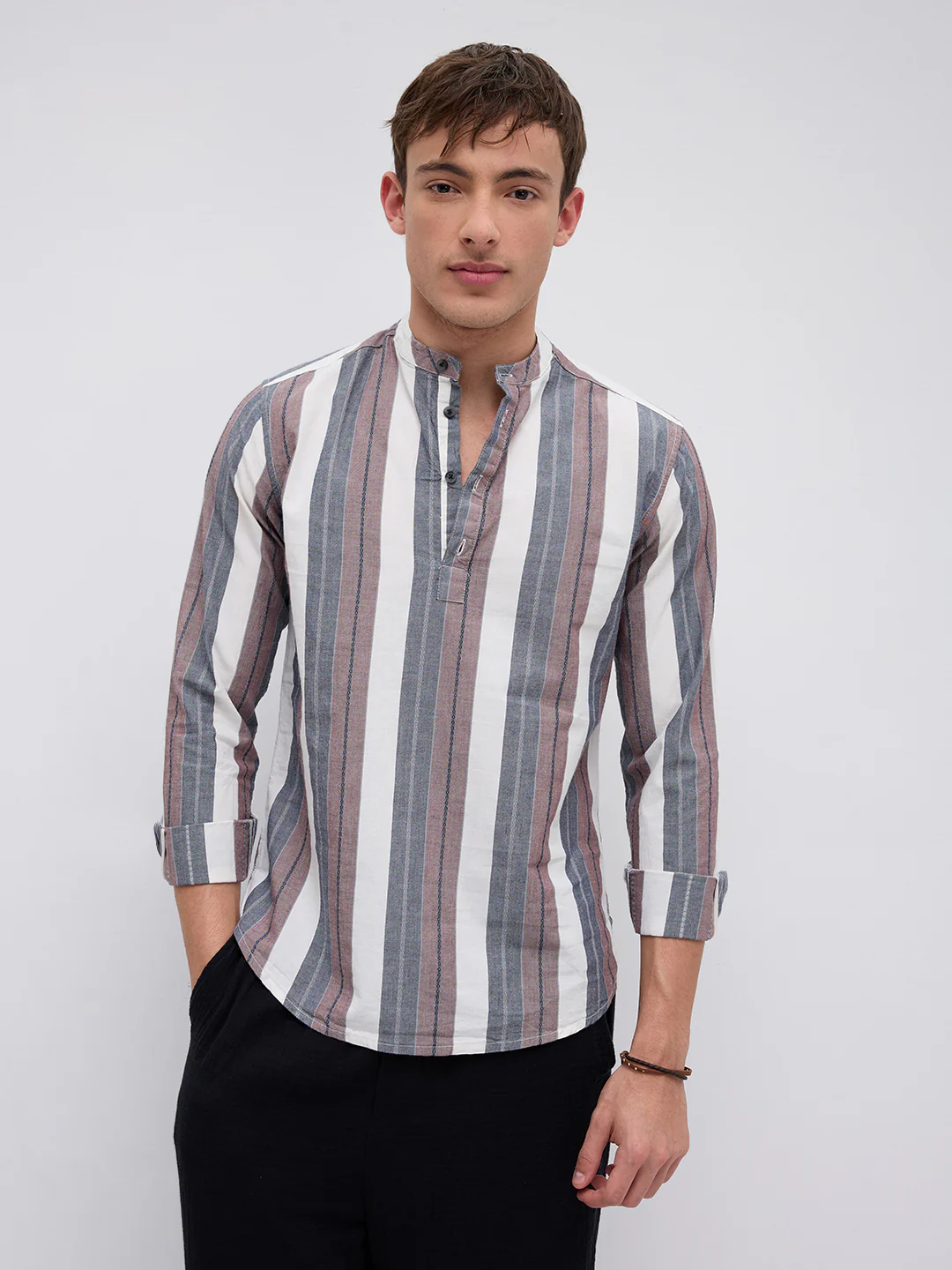 Refined White & Grey Broad Striped Kurta - Image 4