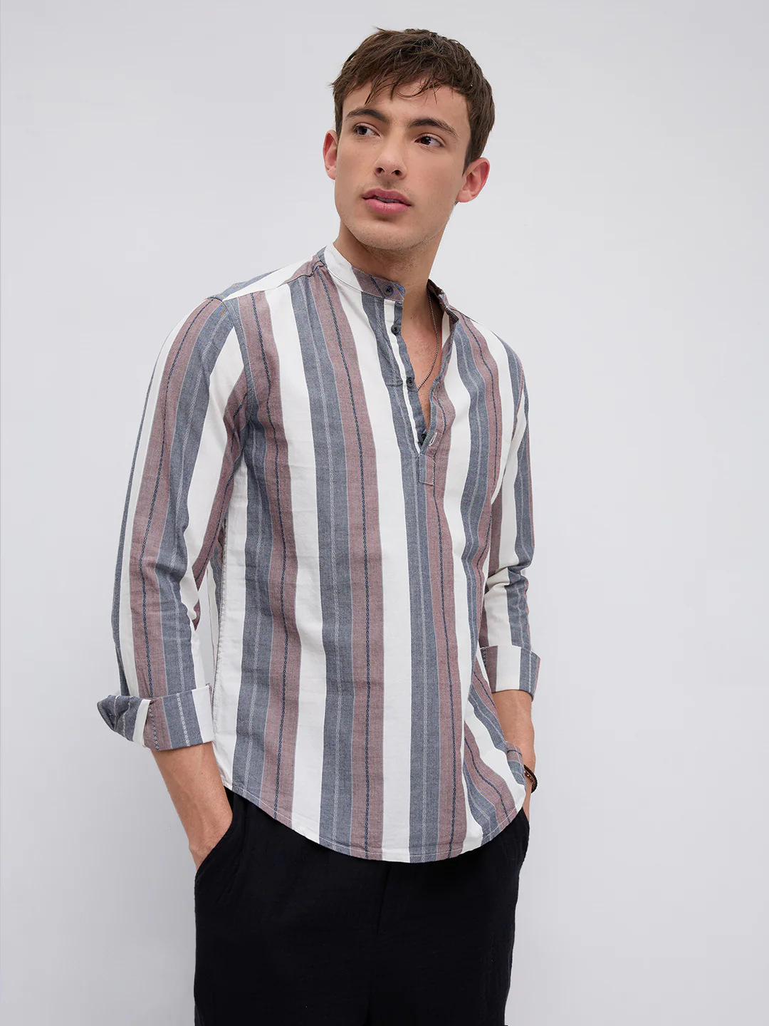 Refined White & Grey Broad Striped Kurta - Image 5