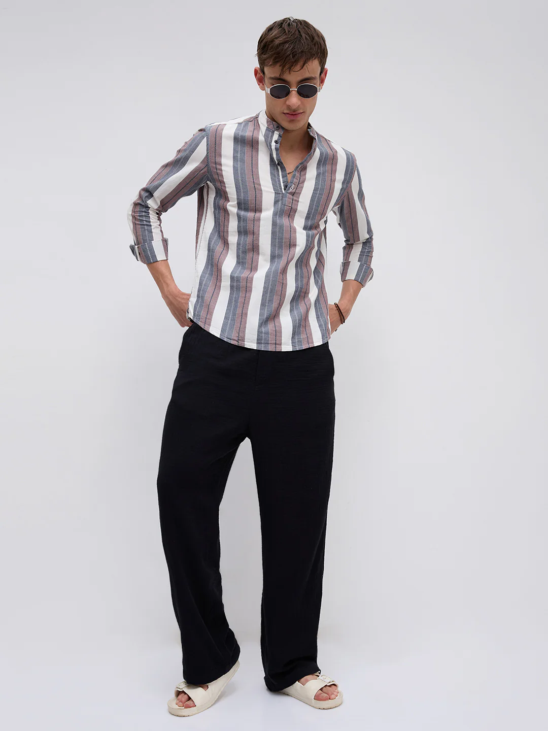 Refined White & Grey Broad Striped Kurta - Image 8