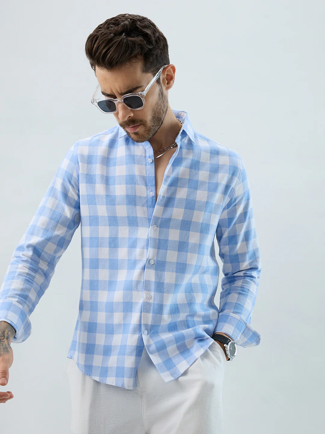 Refreshing Sky Blue Melange Gingham Checks Shirt - Image 2
