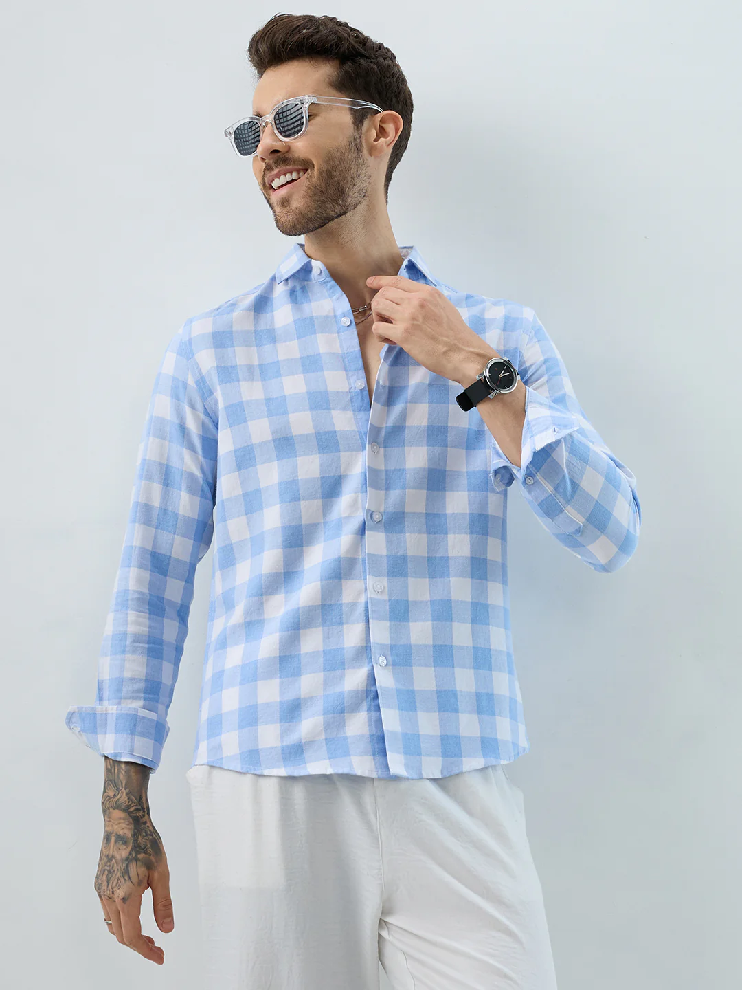 Refreshing Sky Blue Melange Gingham Checks Shirt - Image 4