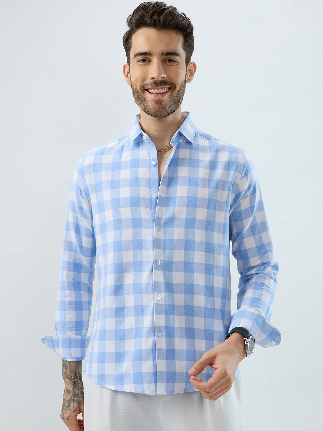 Refreshing Sky Blue Melange Gingham Checks Shirt - Image 5