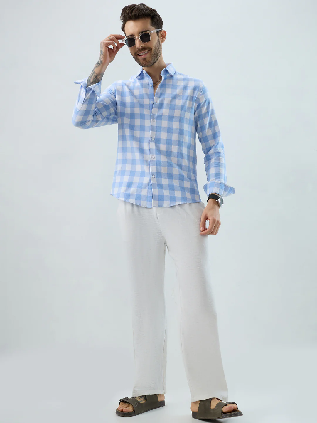 Refreshing Sky Blue Melange Gingham Checks Shirt - Image 8
