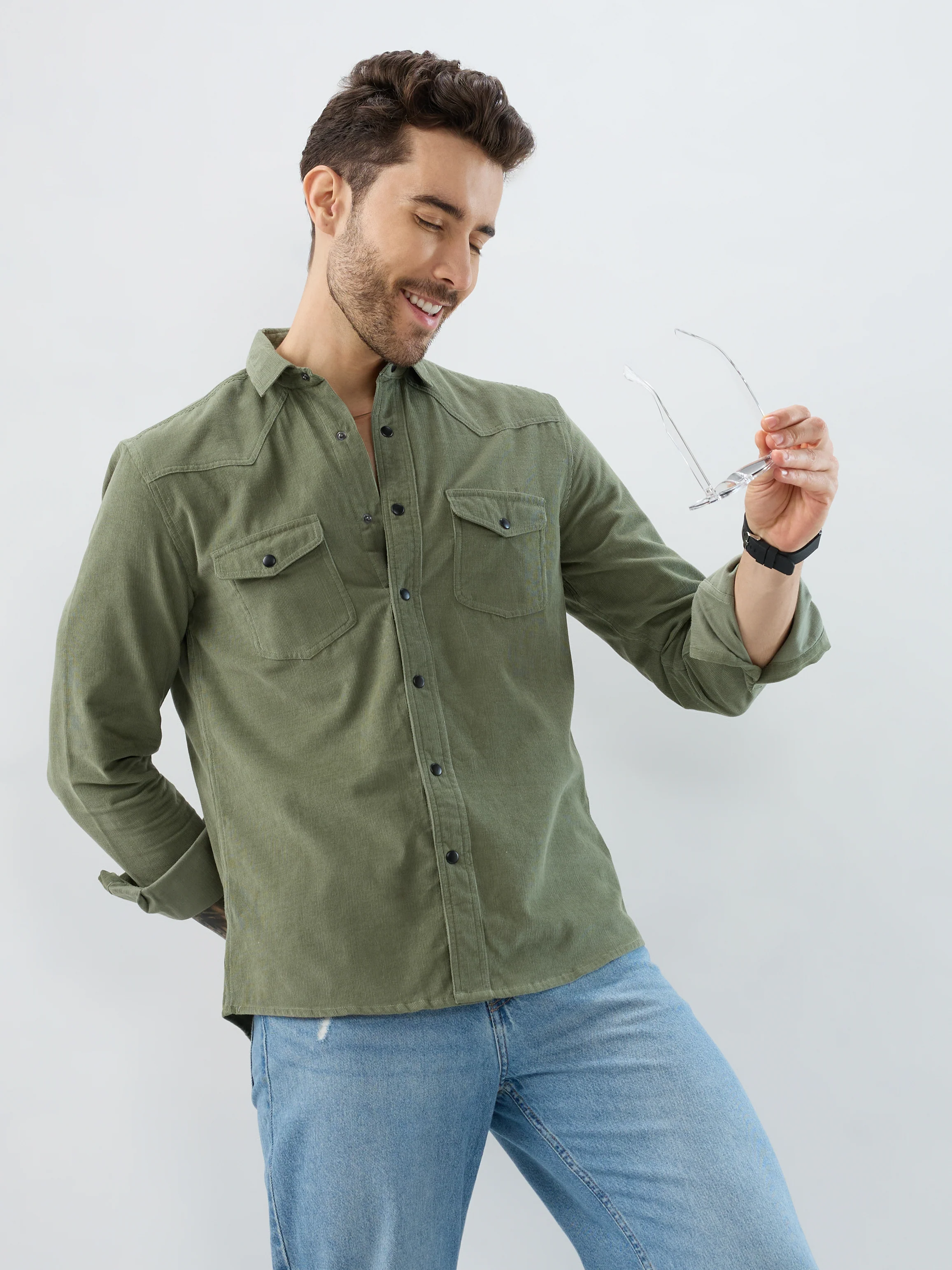 Regal Olive Double Pocket Corduroy Overshirt - Image 2