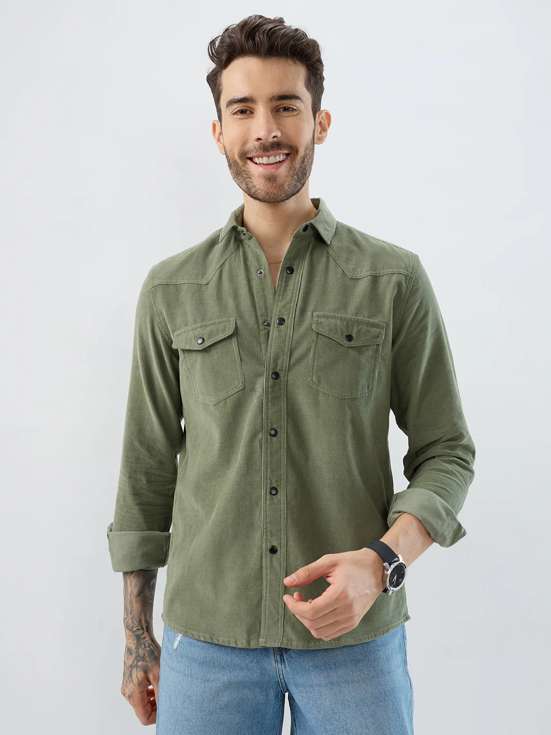 Regal Olive Double Pocket Corduroy Overshirt - Image 5