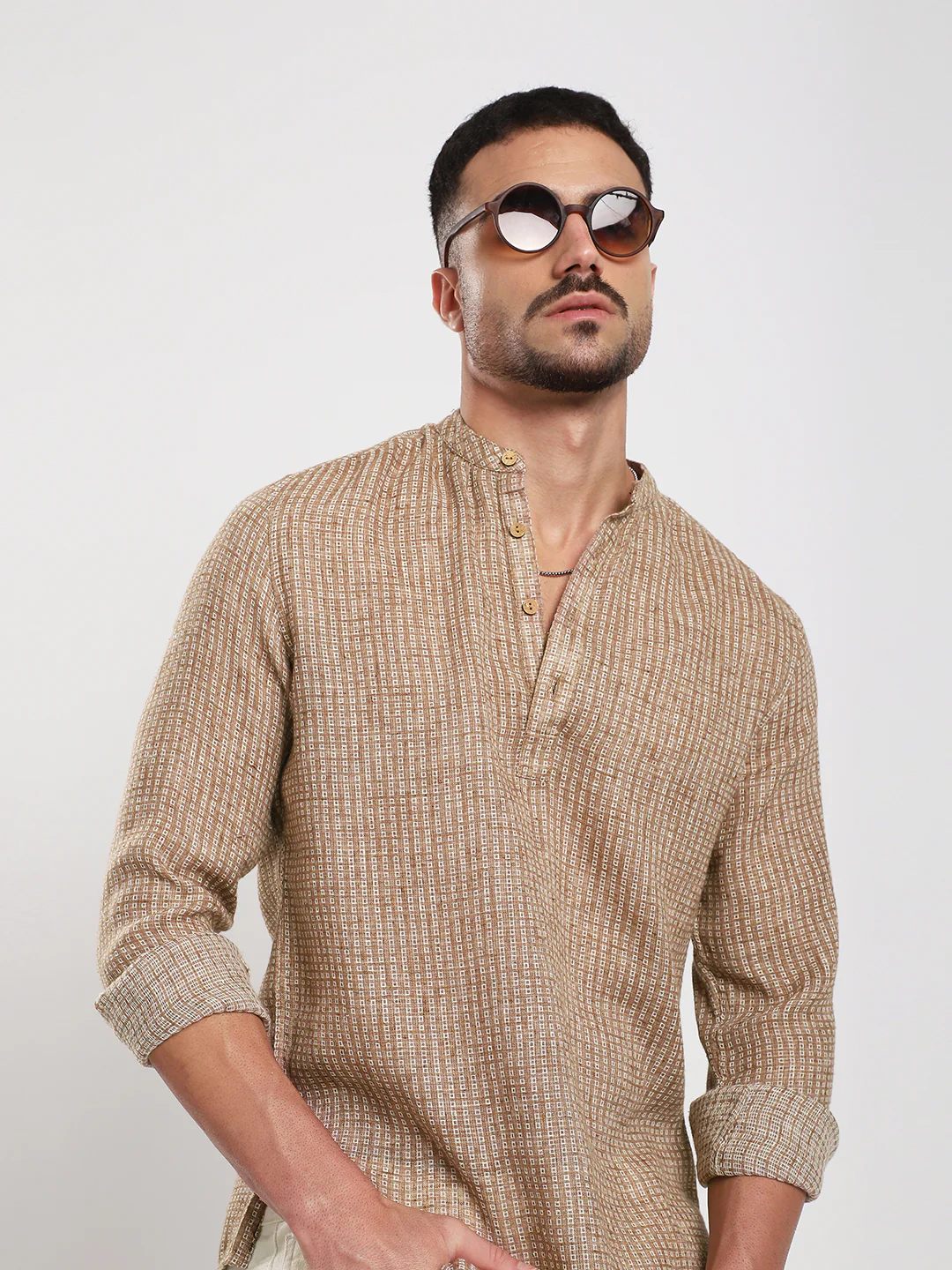 Retro Brown Mini Square Woven Kurta - Image 2