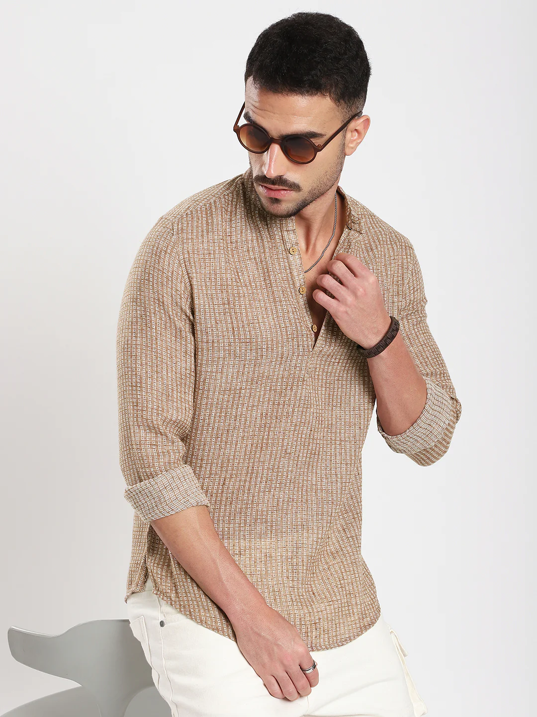 Retro Brown Mini Square Woven Kurta - Image 4