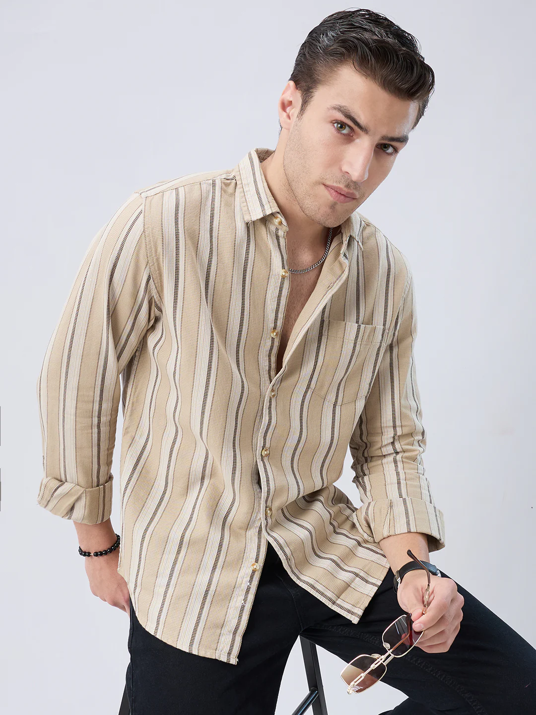 Retro Vibe Beige Stripes Shirt - Image 2