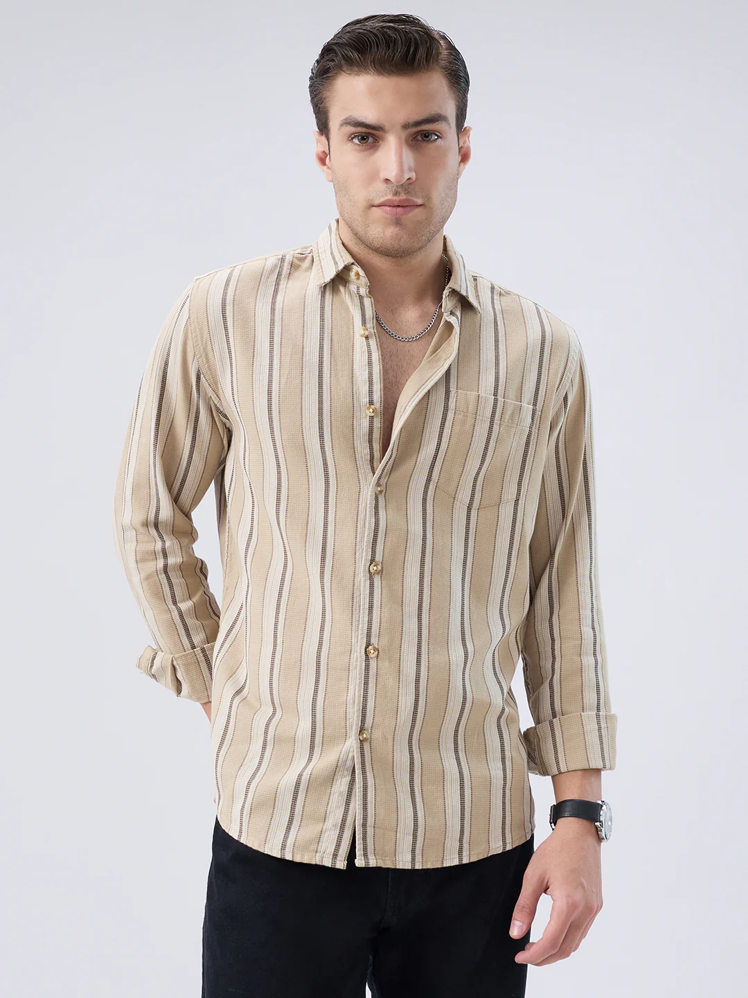 Retro Vibe Beige Stripes Shirt - Image 4