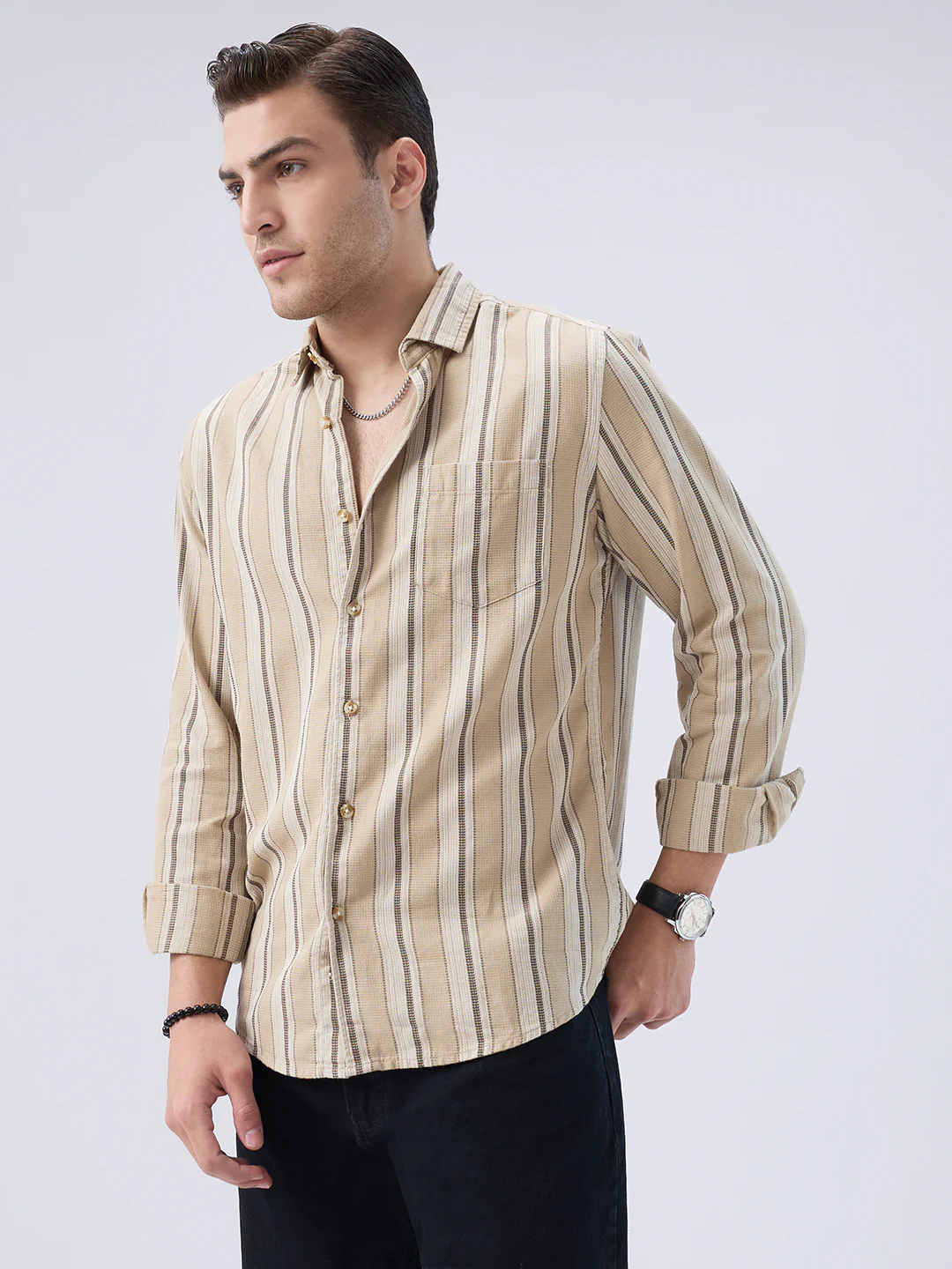 Retro Vibe Beige Stripes Shirt - Image 5