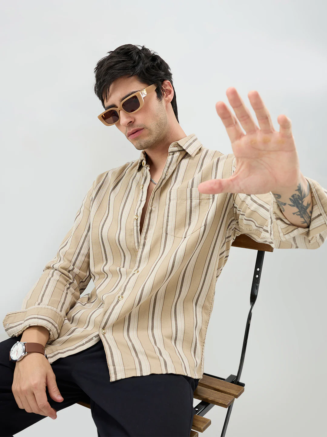 Retro Vibe Beige Stripes Shirt - Image 4