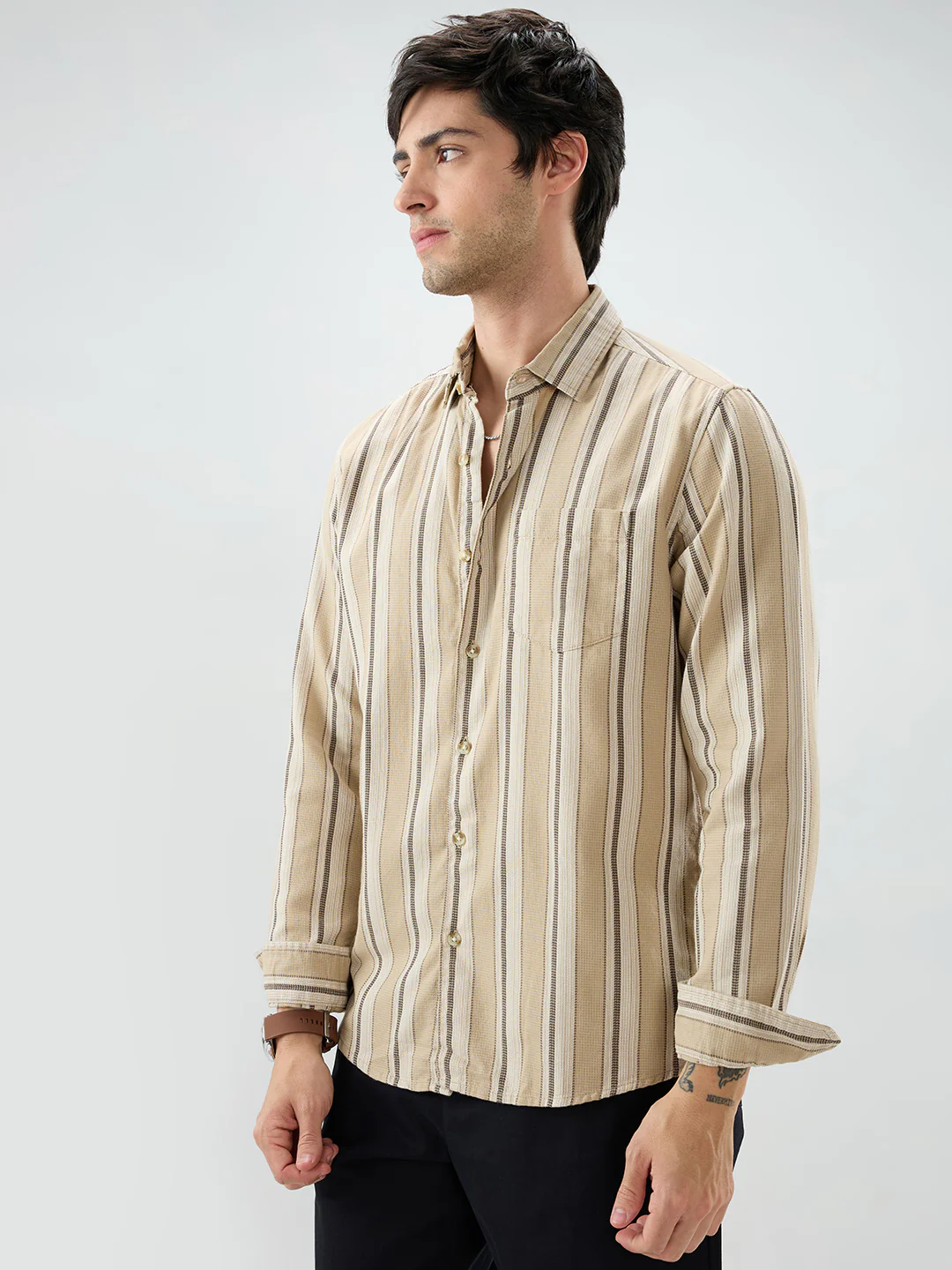 Retro Vibe Beige Stripes Shirt - Image 6