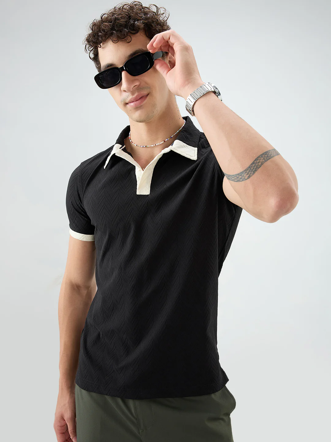 Rich Black Chevron Contrast Polo Neck T-shirt