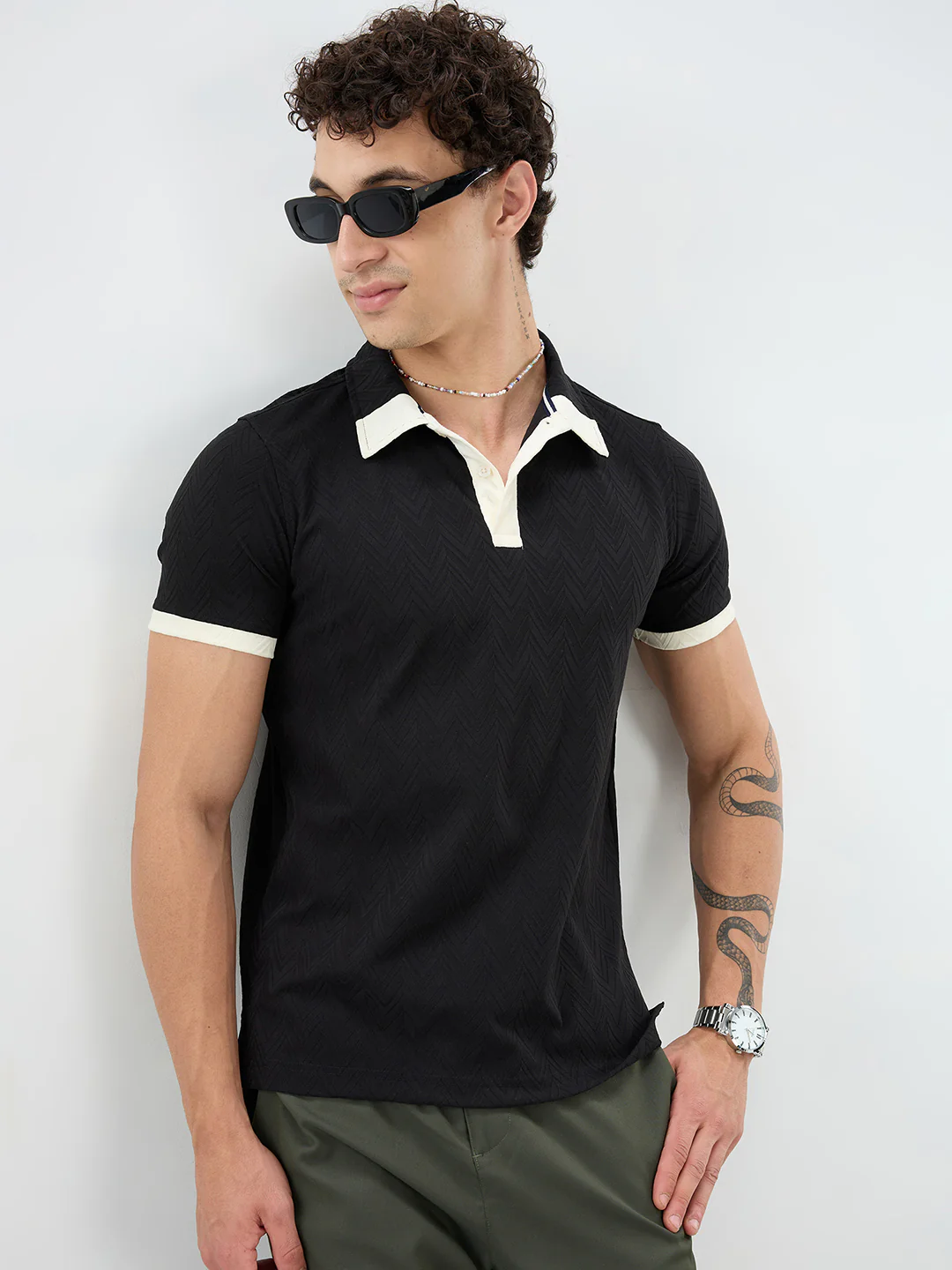 Rich Black Chevron Contrast Polo Neck T-shirt - Image 2