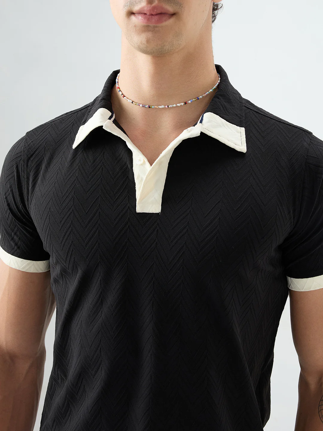 Rich Black Chevron Contrast Polo Neck T-shirt - Image 3