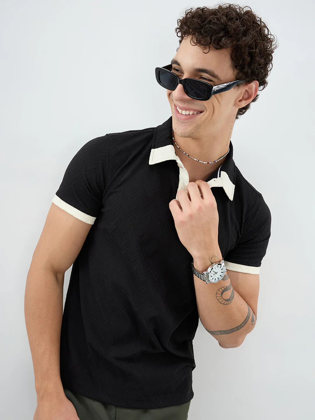 Rich Black Chevron Contrast Polo Neck T-shirt - Image 4