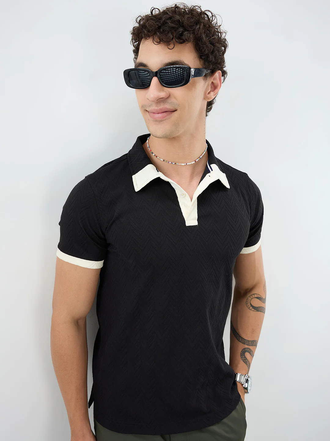 Rich Black Chevron Contrast Polo Neck T-shirt - Image 5