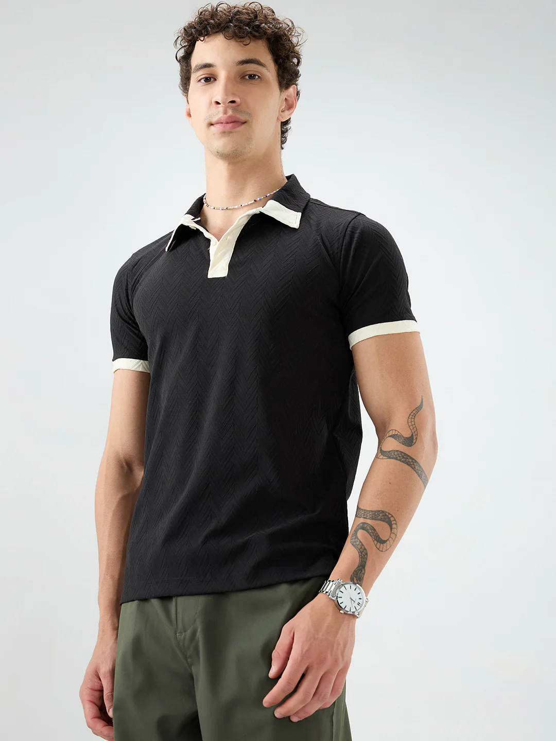Rich Black Chevron Contrast Polo Neck T-shirt - Image 6