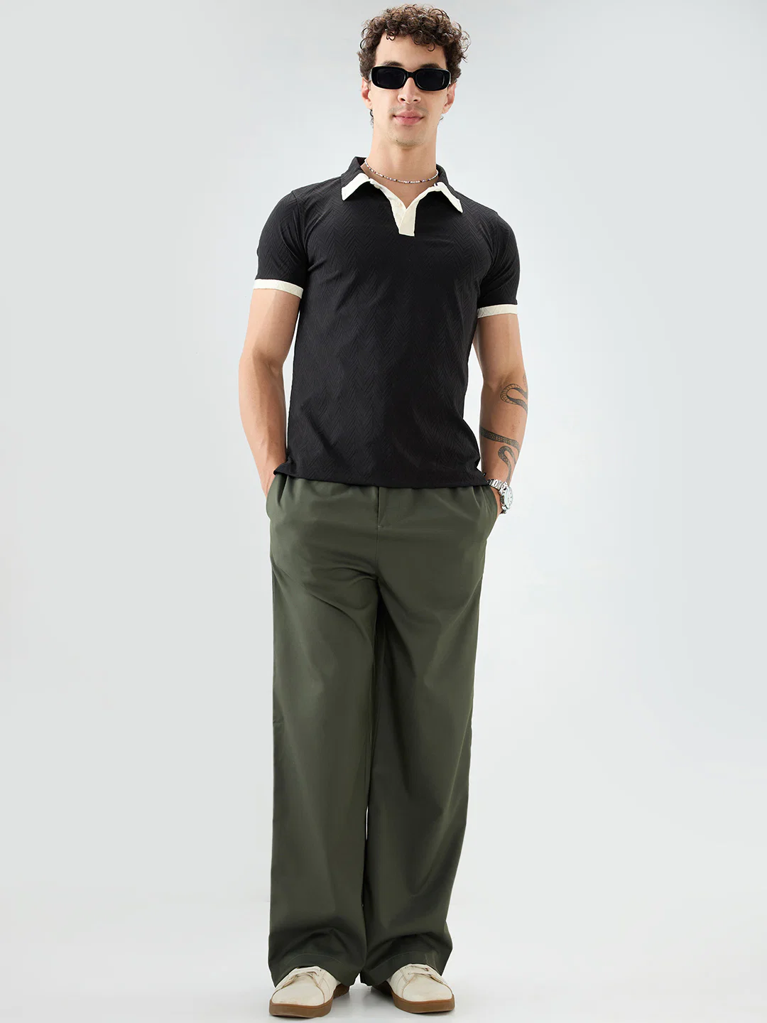 Rich Black Chevron Contrast Polo Neck T-shirt - Image 8