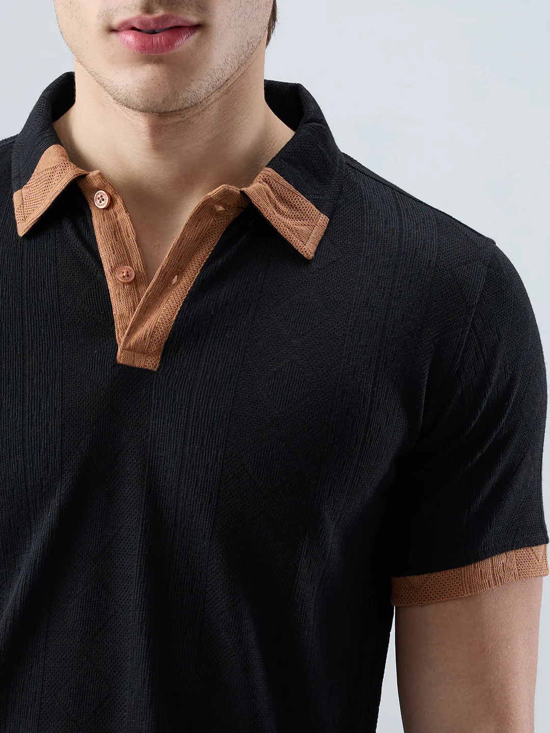 Rich Black Contrast Polo Neck Diamond Weave Knit T-shirt - Image 3