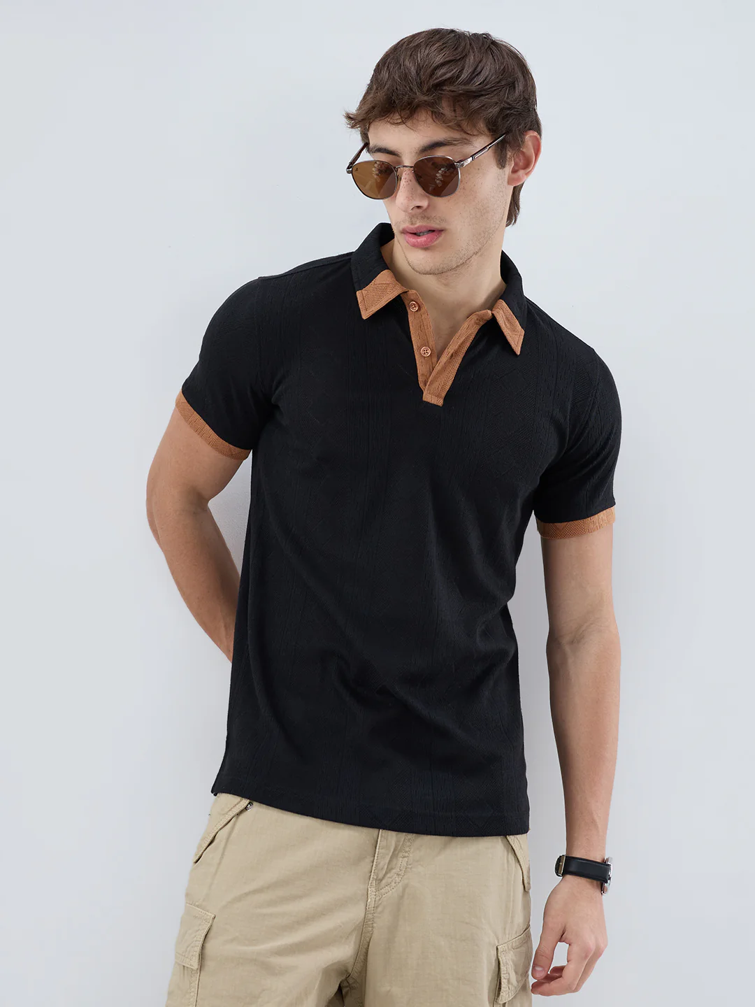 Rich Black Contrast Polo Neck Diamond Weave Knit T-shirt - Image 4