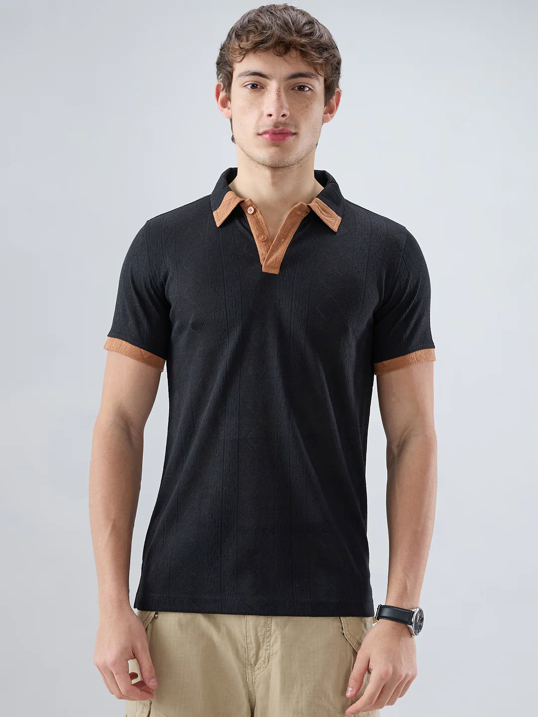 Rich Black Contrast Polo Neck Diamond Weave Knit T-shirt - Image 5