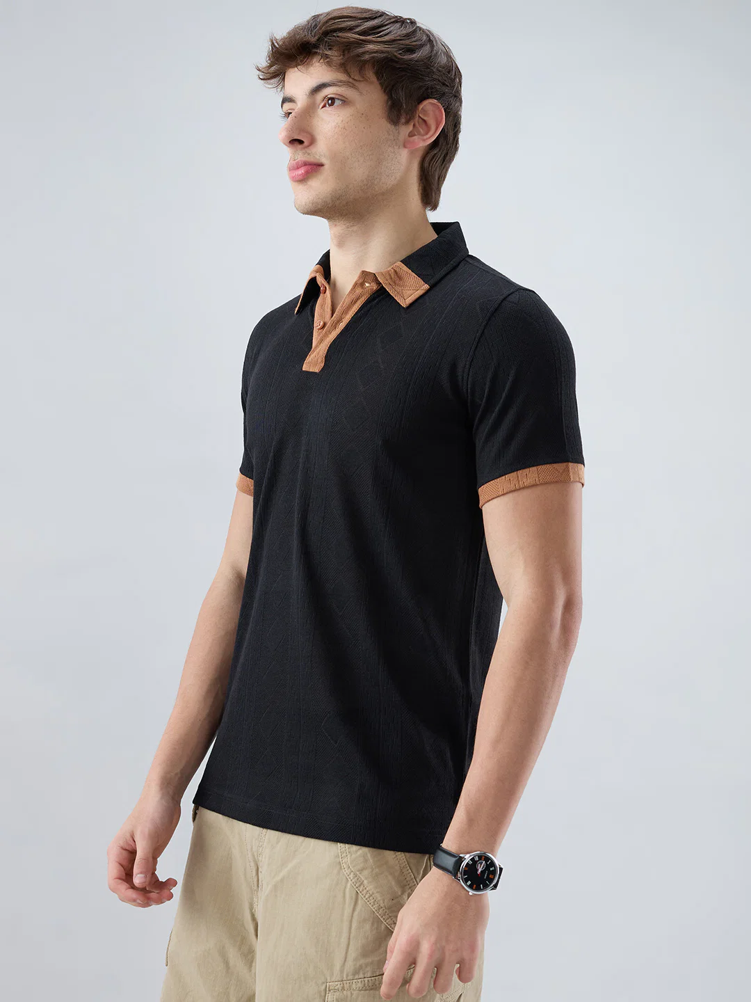 Rich Black Contrast Polo Neck Diamond Weave Knit T-shirt - Image 6